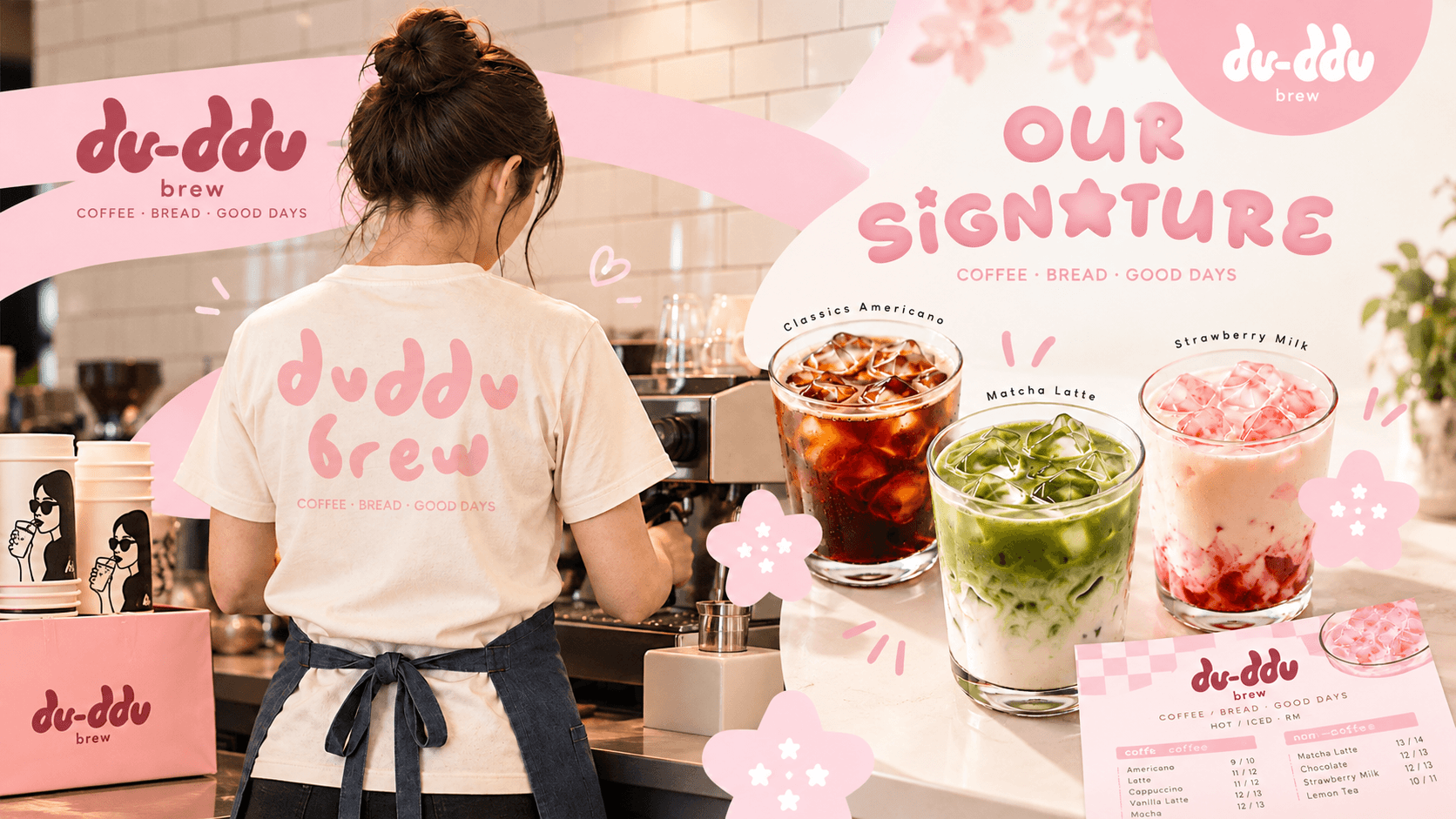 du-ddu brew café experience with signature drinks, merchandise and brand applications