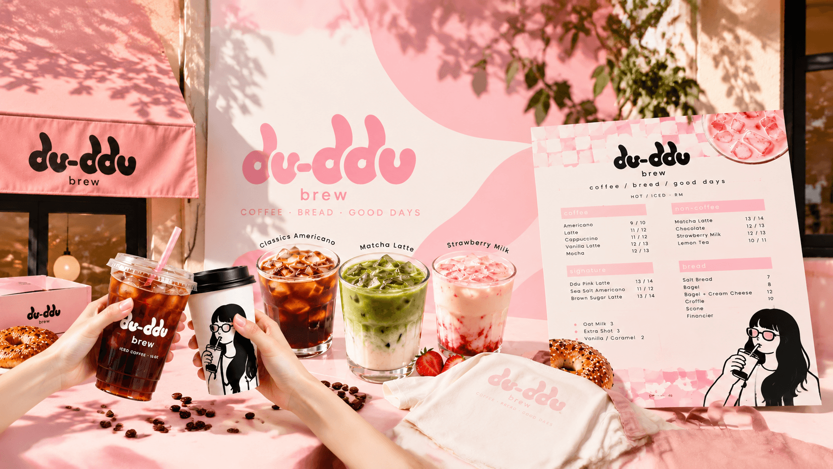 du-ddu brew coffee brand identity with pink café display, drinks, packaging and menu