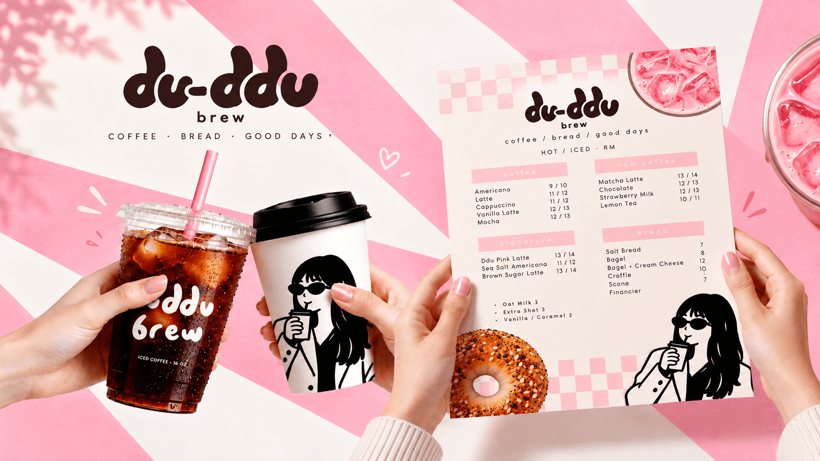 du-ddu brew packaging and menu design with branded coffee cups and illustrated details
