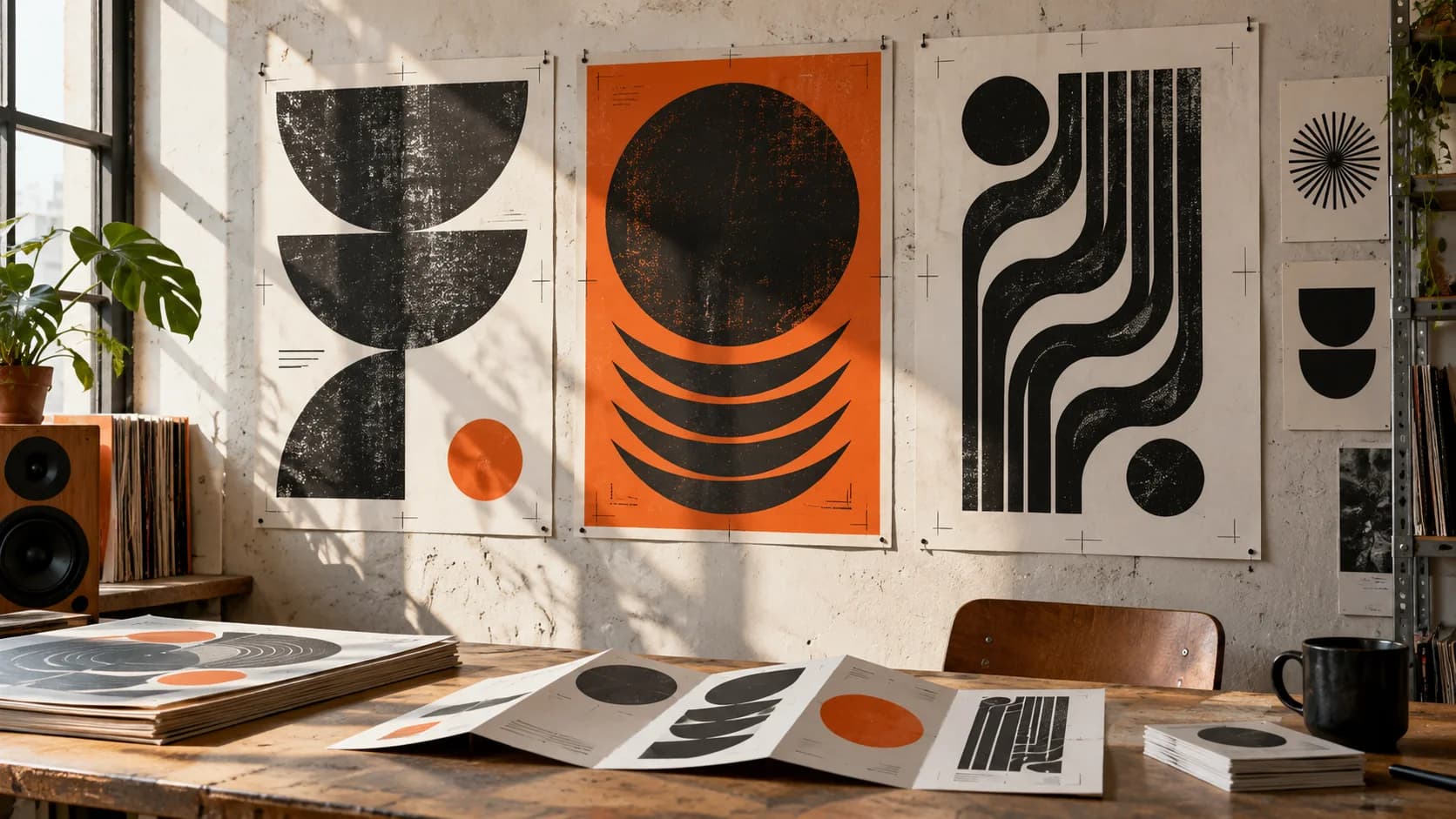 Printed arts campaign posters and programme in a warm studio