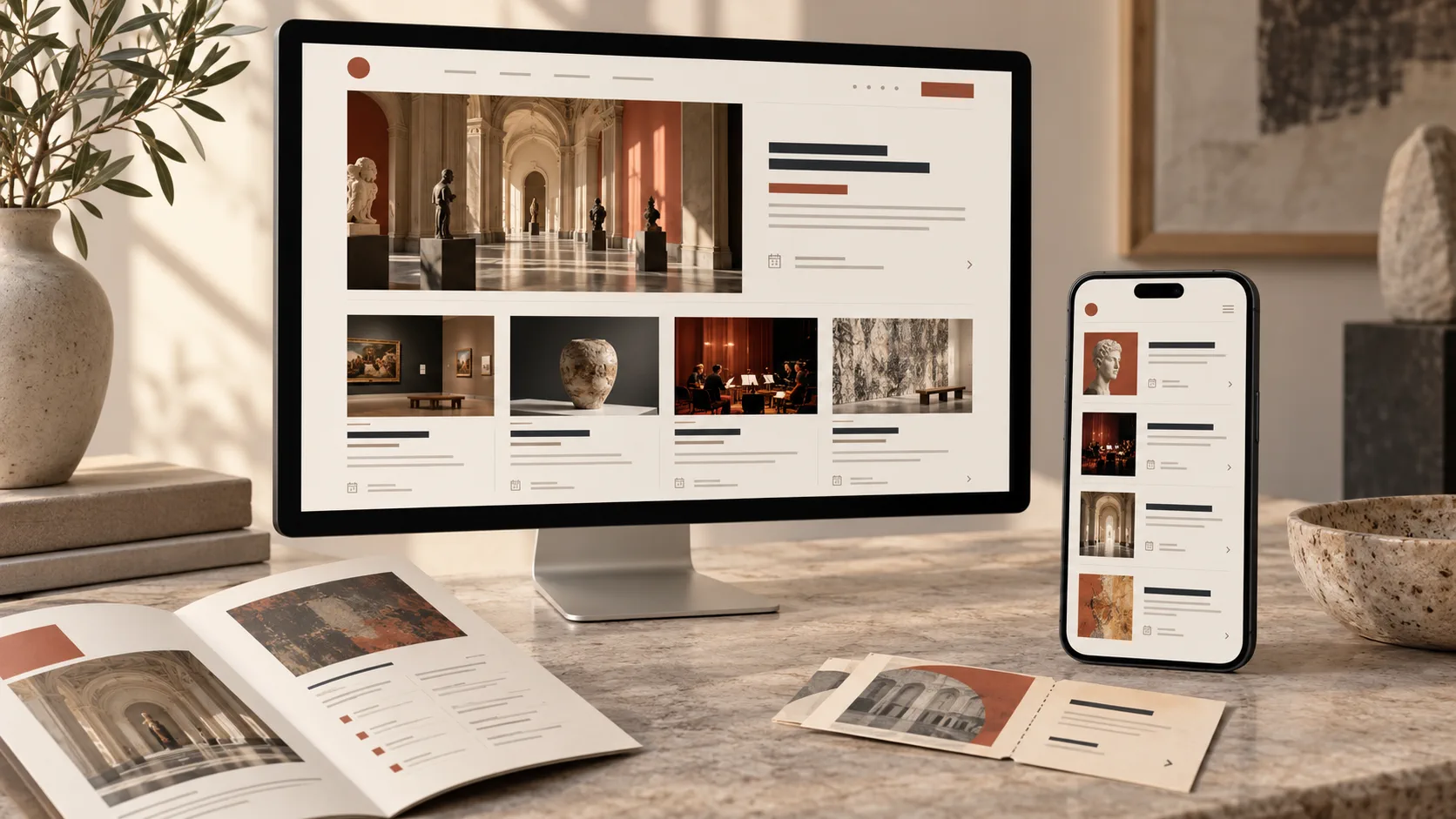 Cultural programme browsing experience shown across desktop and mobile