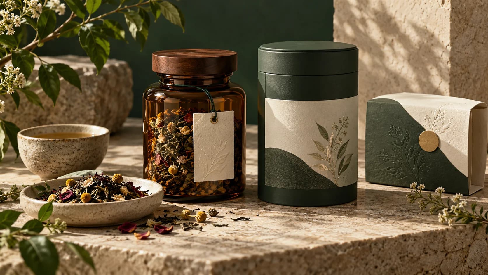 Botanical tea packaging concept in amber glass and forest-green paper