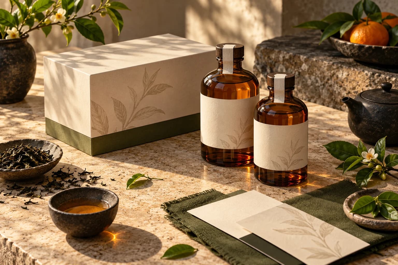 Botanical tea packaging concept with amber glass and textured paper