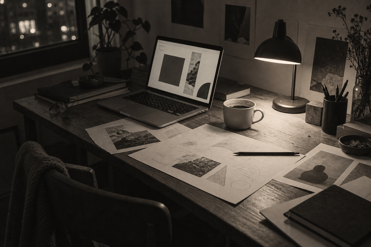An illustrated late-night creative workspace with sketches and a laptop